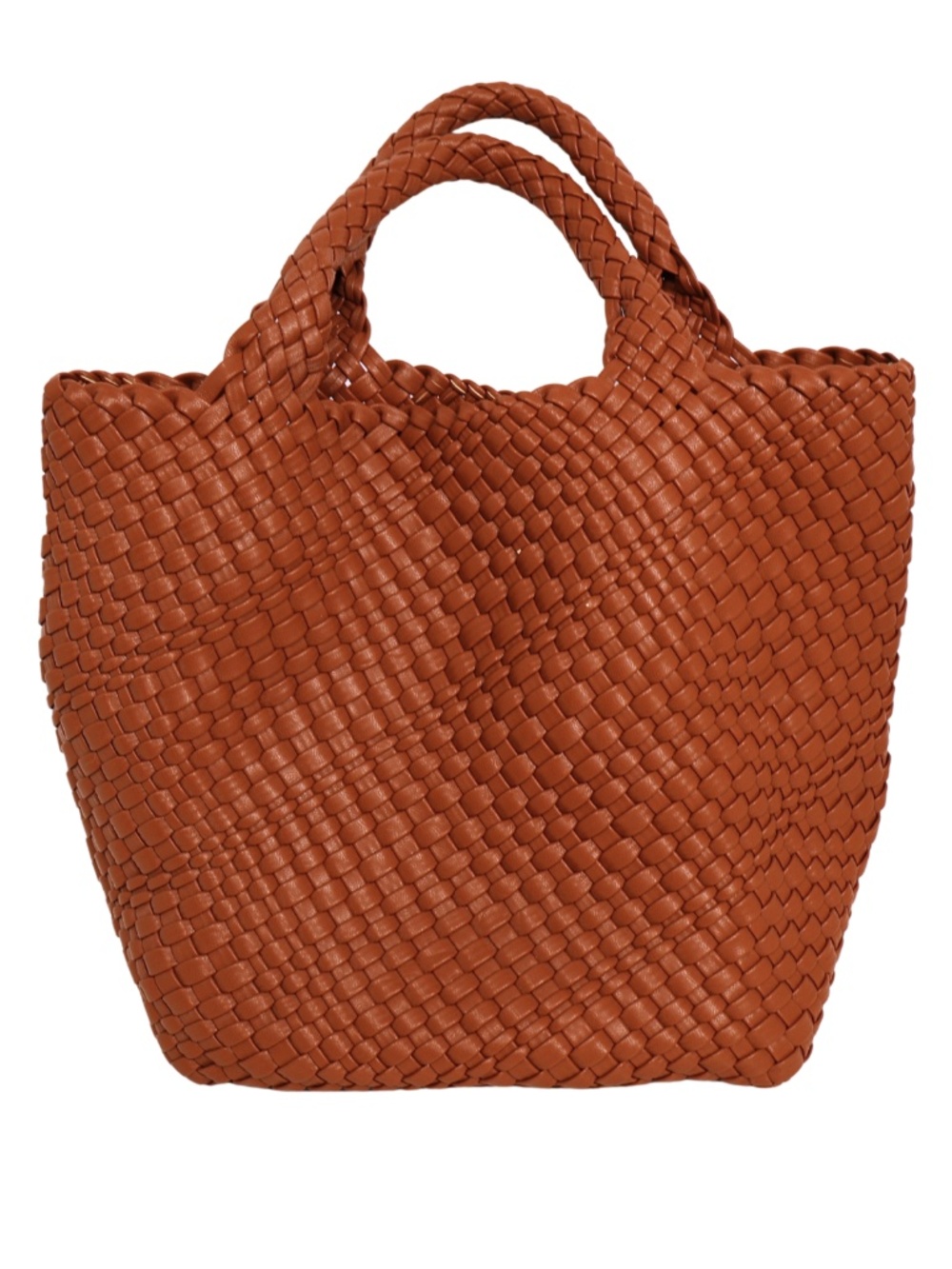 Brown Woven Oversized Tote Bag Cognac Faux Leather Magnetic Closure Boho